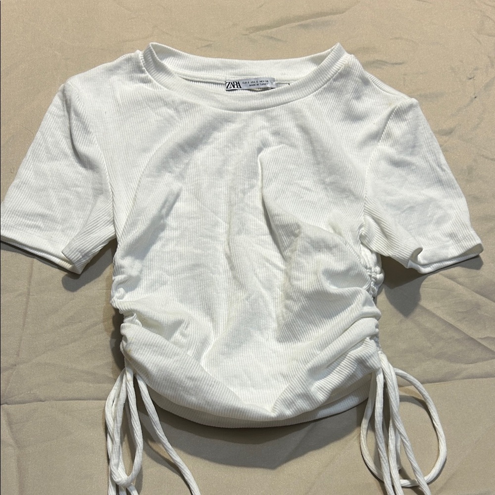 Zara White Ruched Short Sleeve Top